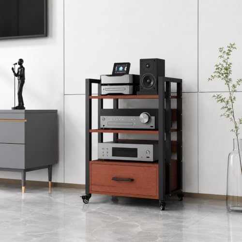 3-Tier Audio Rack with Wheels, AV Media Stand - color: 3-tier Teak