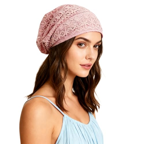 Crochet Slouchy Beanie Hat Handmade Knit Slouchy Floral Skull Hat Cutout Hats for Women Lightweight Knitted - color: G-pink
