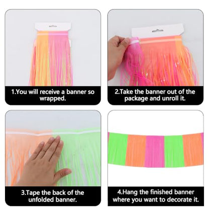 BEISHIDA Fluorescent Fringe Garland Banner 30ft Wall Tinsel Foil Streamers - color: Fluorescent Yellow Purple Orange