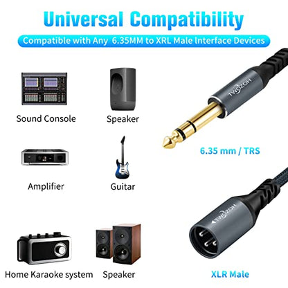 Twozoh XLR Male to 1/4 TRS Stereo Audio Cable 3.3FT, Braided Jack 6.35mm to XLR Male 3Pin Guitar Cable (Professional/HiFi) - color: 1/4 to XLR Male, size: 3.3FT
