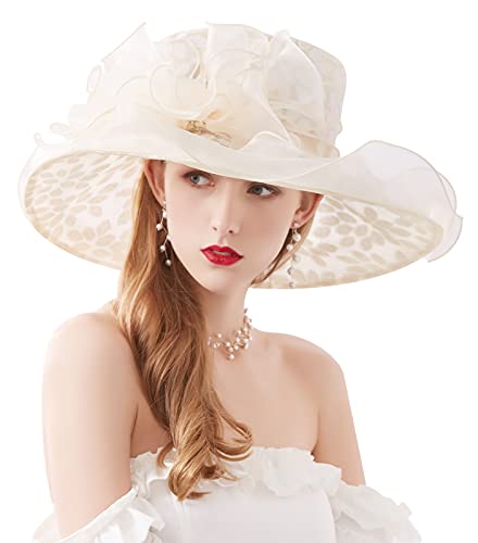 Women Derby Fascinator Hat Organza Church Wedding Hats Wide Brim Cocktail Tea Party Hat - color: 06 Beige