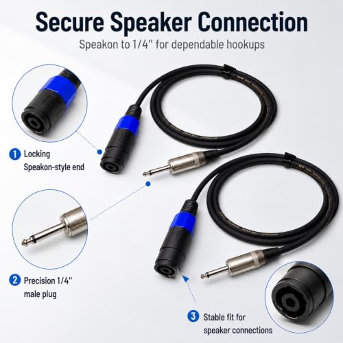 Speakon to 1/4 Speaker Cable 2-Pack 3.3ft, 12AWG OFC Heavy Duty 20A NL4FX Twist Lock, for QSC Crown Yamaha JBL PA System, DJ Stage Monitor Subwoofer Live Sound
