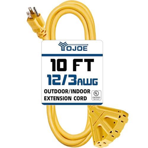 YOJOE 3-Outlet Indoor/Outdoor Extension Cord, 10 FT Yellow, 12 Gauge, 15A, 1875W, 3 Prong Grounded Plug, SJTW, UL Certified - size: 10 Foot