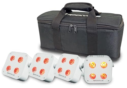 Rockville 4 Pack MINI RF4 V2 White LED Wash Up Light, RGBWA+UV, Compact, App, Remote, LCD, Wireless DMX, Rechargeable, Perfect for DJ/Party Lighting | 22-Hour Rechargeable Battery, WiFi App Control, RF Remotes, Travel Bag, LCD Display, 4 Sound Modes, 32 C