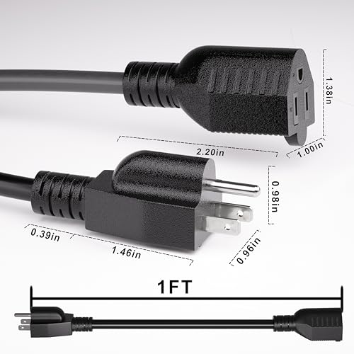 1 FT 5 Pack Indoor Extension Cord 16 Gauge, Short Power Cable | Black 1 FT 5 Pack 3 Prong Flexblie SJTW Cold Weatherproof -50°C Appliance Extension Cord 13 AMP 1625W 16AWG Electric Cable - size: 1FT-5pc