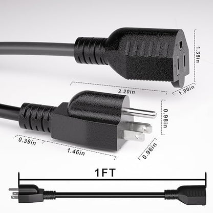1 FT 5 Pack Indoor Extension Cord 16 Gauge, Short Power Cable | Black 1 FT 5 Pack 3 Prong Flexblie SJTW Cold Weatherproof -50°C Appliance Extension Cord 13 AMP 1625W 16AWG Electric Cable - size: 1FT-5pc