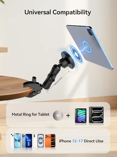 OHLPRO Magnetic Tablet Holder for Mic Stand,360° Adjustable Microphone Music Stand Phone Holder Mount,Tablet Mount Clamp for Peloton Bike,Treadmill, Stroller, Cabinet, Fits MagSafe, All Tablets,Phones