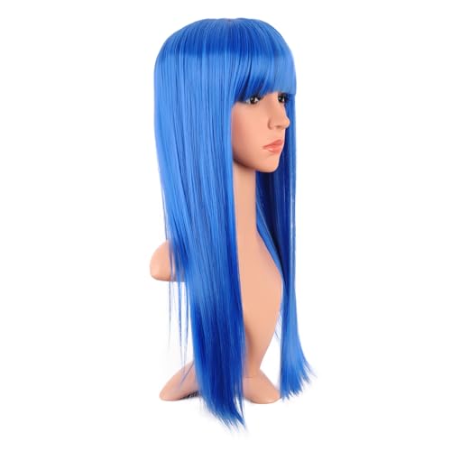 MapofBeauty 24 Inch Long Straight Flat Bangs Party Cosplay Wig, Bright Blue | 60 cm Synthetic Hair Wig, Heat Resistant, Women - color: Bright Blue