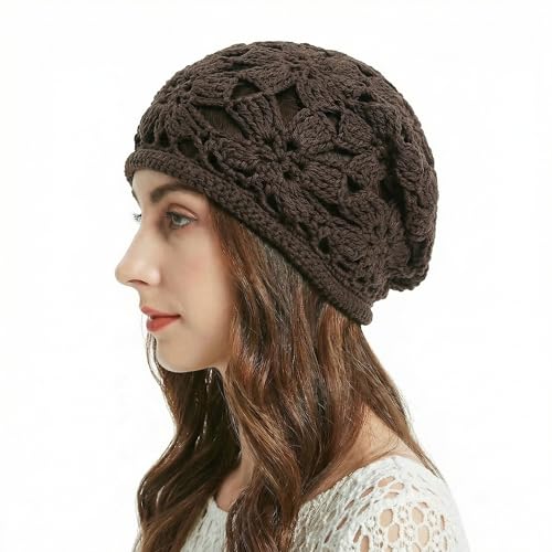 ZLYC Women Cotton Crochet Slouchy Beanie Hat Handmade Knit Summer Skull Cap | Lightweight breathable,boho casual chic look,travel photos festival party,café commute daily wear,beach concert gathering - color: Crochet Brown