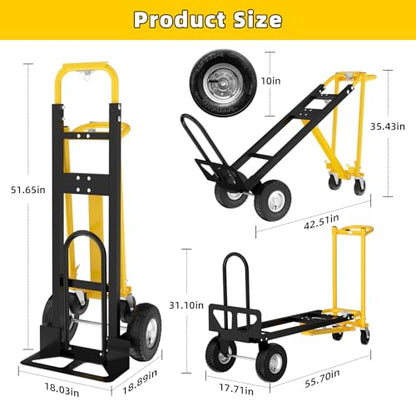 4 in 1 Convertible Hand Truck Dolly, 1000Lbs Capacity, Heavy Duty Folding Hand Truck Dolly Cart with Wheels 10" All-Terrain Tires, Hand Trucks for Logistics, Home, Office, School, Yellow - color: Yellow