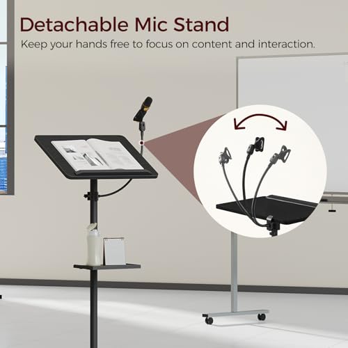 MAHANCRIS Podium Stand with Microphone Stand, Standing Desk and Laptop Desk with Storage Tray, 28.9-42.7 Inch Adjustable Height Portable Lectern for Classroom, Conference Room, Black LPBK4001 - color: Black