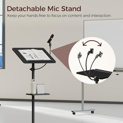 MAHANCRIS Podium Stand with Microphone Stand, Standing Desk and Laptop Desk with Storage Tray, 28.9-42.7 Inch Adjustable Height Portable Lectern for Classroom, Conference Room, Black LPBK4001 - color: Black