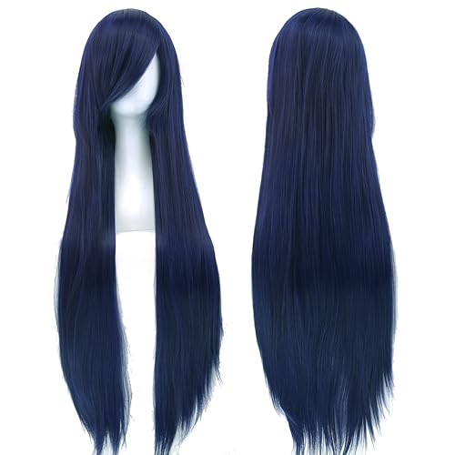 80cm Long Straight Natural Hair Cosplay Wigs with Bangs Colorful Halloween Costume Party Wig for Women (Dark Blue) - color: Dark Blue