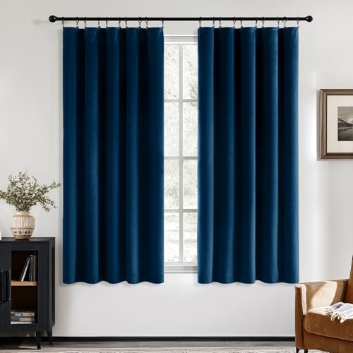 MIULEE Navy Blue Velvet Curtains 63 Inch Long 2 Panels, W40 x L63 | Luxury Super Soft, Thermal Insulated, Room Darkening Drapes, Rod Pocket Design, Window Curtains for Bedroom Living Room - color: Navy Blue, size: 40"W x 63"L (Pack of 2)