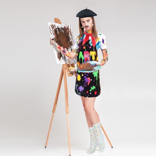 Kyson Artist Costume for Adult 8 Pcs Painter Halloween Dress Up with Beret Apron Palette Paint Brushes Earrings Bandana Beard - color: Black Art Apron