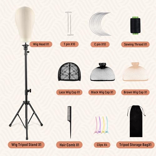 Tall Wig Tripod Stand with 23 Inch Head for Styling,Making | Wig Stand with Canvas Mannequin Head for WIg Display,with Wig Caps,T-PIN,C Needles,Clips,Carrying Bag,Comb(37.4-50.8 Inch) - color: Carbon Black