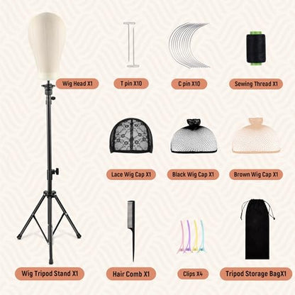 Tall Wig Tripod Stand with 23 Inch Head for Styling,Making | Wig Stand with Canvas Mannequin Head for WIg Display,with Wig Caps,T-PIN,C Needles,Clips,Carrying Bag,Comb(37.4-50.8 Inch) - color: Carbon Black