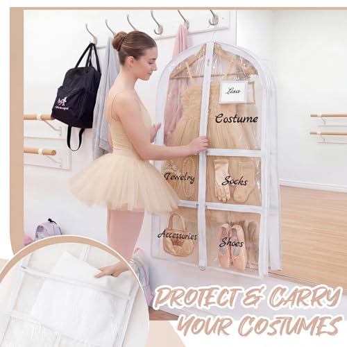 Nuenen 3 Pack Dance Garment Bags for Costumes Clear Dance Recital Organizer with Pockets & Labels, 40 Inch PVC Hanging Costume Bag for Competition Travel, Garment Bag with Compartments(White) - color: White