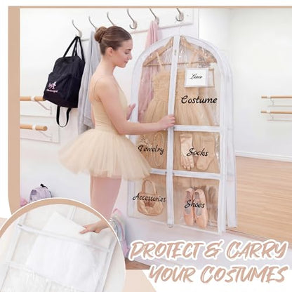 Nuenen 3 Pack Dance Garment Bags for Costumes Clear Dance Recital Organizer with Pockets & Labels, 40 Inch PVC Hanging Costume Bag for Competition Travel, Garment Bag with Compartments(White) - color: White