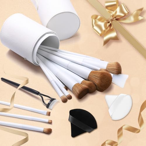LUXBRU Makeup Brushes With Case 20PCs Professional Makeup Brush Set, Foundation Powder Eyeshadow Brush Set Eyebrow Concealer Contour Travel Brushes Kit with Holder & 2 Powder Puff-White - color: Pearl White