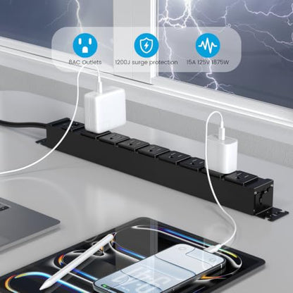 HHSOET Metal 360° Rotating 8 Outlet Mountable Power Strip, 6FT, Black, 1 | 8 Outlet Surge Protector Power Strip, Heavy Duty Wall Mount Surge Protector with Switch, 1200J, 15A 125V 1875W - size: 6ft
