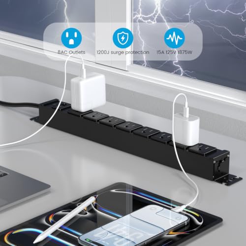 HHSOET Metal 360° Rotating 8 Outlet Mountable Power Strip, 3FT, Black, 1 | 8 Outlet Surge Protector Power Strip, Heavy Duty Wall Mount Surge Protector with Switch, 1200J, 15A 125V 1875W - size: 3ft