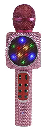 Sing-Along Bling Bluetooth Karaoke Microphone with LED for Karaoke Speaker | Rechargeable Bedazzled Microphone, Wireless Karaoke Microphone with LED Lights, SD Card Slot, Skip Tracks - Confetti Bling - color: Pink Bling