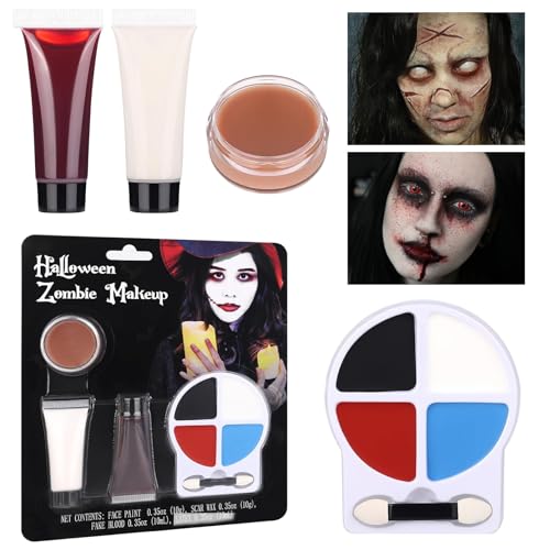 Zombie Makeup Kit - Professional SFX Makeup Set with 4 Color Face Body Paint, Liquid Latex, Fake Blood, Scar Wax for Halloween, Vampire, Clown Cosplay - color: Halloween Zombie Makeup Kit