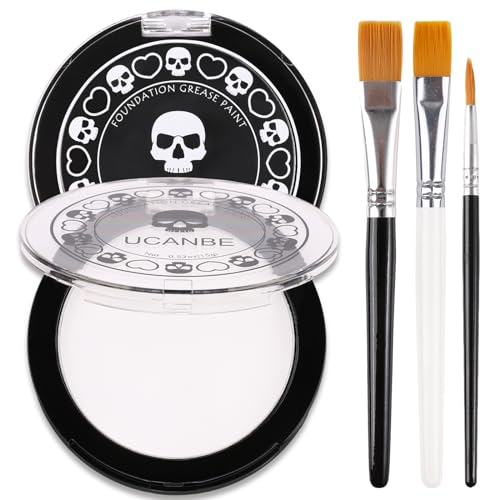 UCANBE Black White Face Body Paint with Painting Brush Kit, Cream-to-Powder Goth White Foundation + Black Greasepaint for Kids & Adult Halloween, SFX Makeup Set for Clown Skull Mime Cosplay & Costume - color: Black, White