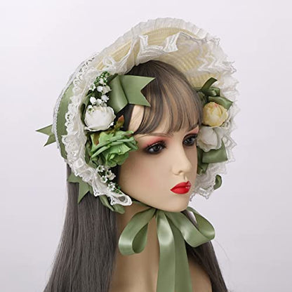 COSDREAMER Girls Women Victorian Bonnets Lace Flowers Tea Party Hats - color: Light Green