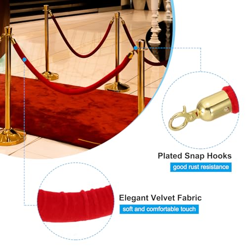 PATIKIL 8 Pack Red Velvet Stanchion Rope, 6 Ft Crowd Control Ropes Barrier Hanging Rope with Stainless Steel Gold Plated Hooks for Carpet Events Movie Theaters Opening Activities - color: Red/Gold Plated, size: 6 Feet