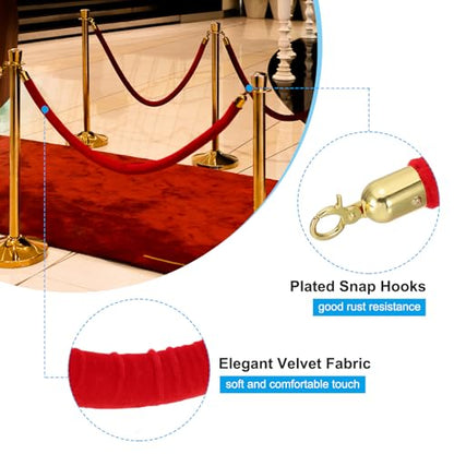 PATIKIL 8 Pack Red Velvet Stanchion Rope, 6 Ft Crowd Control Ropes Barrier Hanging Rope with Stainless Steel Gold Plated Hooks for Carpet Events Movie Theaters Opening Activities - color: Red/Gold Plated, size: 6 Feet