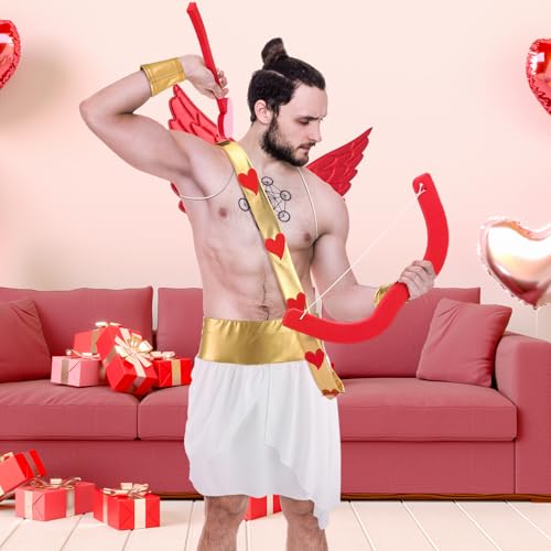 Cozypower 7 Pcs Halloween Cupid Costume Adult Wings Arrow Sash | Include Wings Arrow Bow Wrist Cuffs Body Sash Kilt for Halloween Dress Up - color: Red, size: X-Large