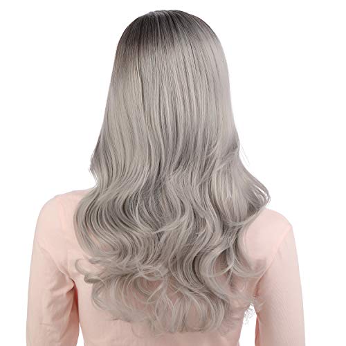 Onedor Full Head Beautiful Long Curly Wave Stunning Wig Charming Curly Costume Wigs with Fringe (Brown Silver Ombre-6TST0906) - color: Brown Silver Ombre-6TST0906