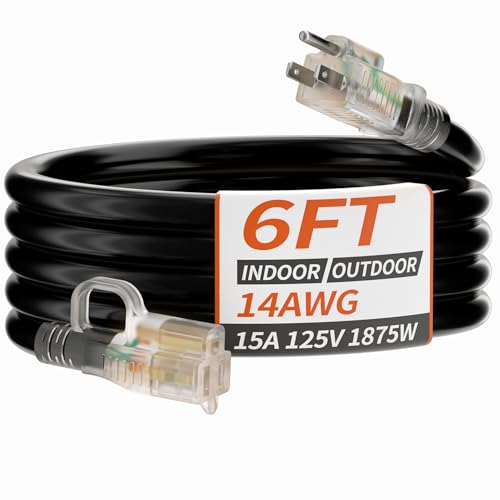 PlugSaf 14/3 Gauge 6 FT Extension Cord Outdoor, Heavy Duty Extension Cord - color: Black, size: 6FT