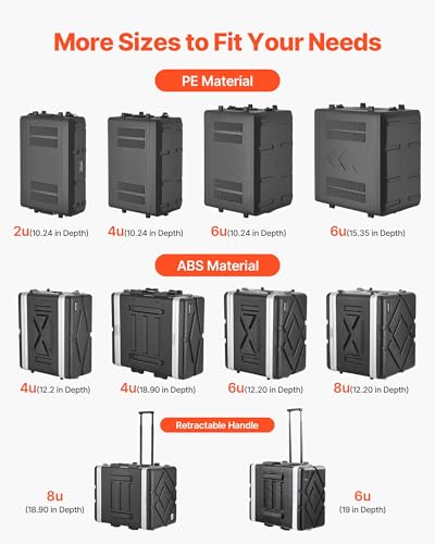 VEVOR 6U Rack Case, 12 in Depth, Rackmount Flight Case Shallow Rack with Microphone Compartment, Polyethylene Construction, Recessed Latches, Easy Installation, for Amplifier, 8.7 in Internal Depth - size: 6U- 8.7 in Internal Depth