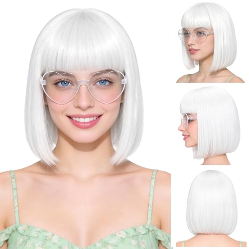 Short Bob Straight Hair Wigs with Bangs, Heat Resistant Fiber Hair, Heart-shaped Glasses for Women (White) - color: White