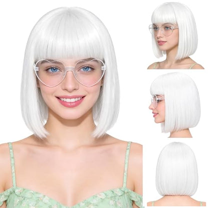 Short Bob Straight Hair Wigs with Bangs, Heat Resistant Fiber Hair, Heart-shaped Glasses for Women (White) - color: White