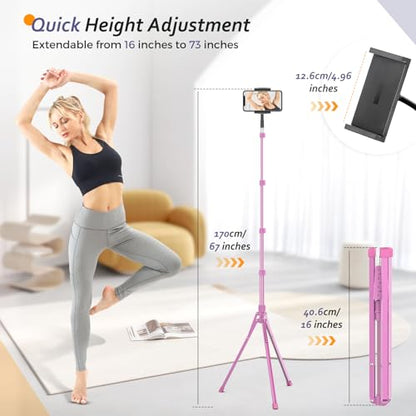 Aureday Adjustable Tripod Stand, 67” Height, Tablet Holder for iPad mini/Air/Pro, Kindle, Switch, Smartphones, 4.7”-12.9” Devices, Pink - color: Pink
