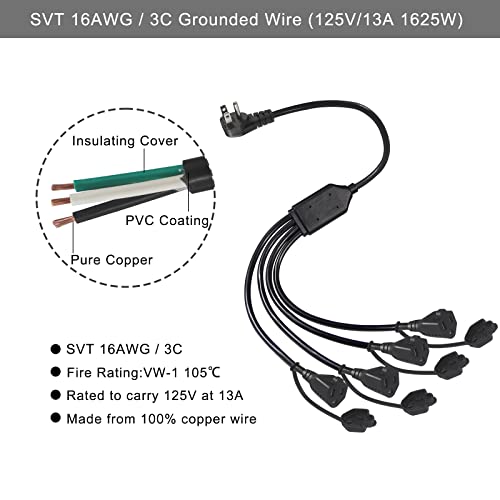 1.5FT 4 Way Outlet Splitter - 2Pack 90-Degree Angled Flat Plug Black | 1 to 4 Extension Cable Power Strip, 16/3 Gauge 13A/125V 3 Prong Y Style Multi Outlet Splitter, Perfect for Wall Wart Adapters - color: Black 2-Pack