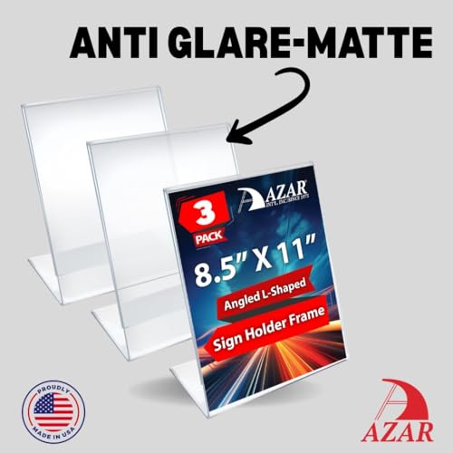 Azar 223238-3PK Anti-Glare Matte Clear Acrylic Sign Holders 8.5”W x 11”H – Portrait L-Shaped Frame for Tabletop, Counter Display – Side Loading, Durable Plastic Picture or Menu Frame (Pack of 3)