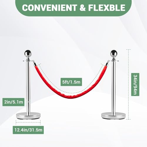 4PCS Stainless Steel Stanchion Post Queue, 5 ft Red Velvet Rope Red Carpet Ropes and Poles, Crowd Control Barriers with Sand Injection Hollow Base and Velvet Ropes Set for Party Supplies