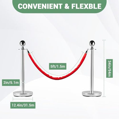 4PCS Stainless Steel Stanchion Post Queue, 5 ft Red Velvet Rope Red Carpet Ropes and Poles, Crowd Control Barriers with Sand Injection Hollow Base and Velvet Ropes Set for Party Supplies