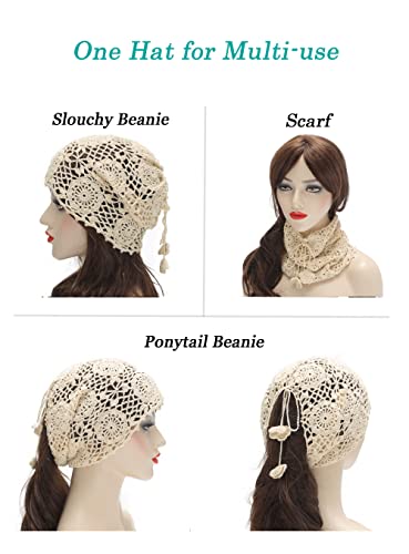 ZLYC Women Cotton Crochet Slouchy Beanie Hat Handmade Knit Summer Skull Cap | Lightweight breathable,boho casual chic look,travel photos festival party,café commute daily wear,beach concert gathering - color: Beige Ponytail