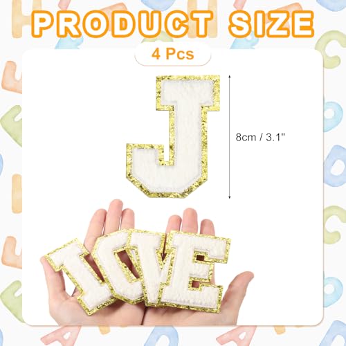 MECCANIXITY Chenille Letter Patches 3.1" Alphabet J Iron on Embroidered Patch Sew on Letter Stickers Applique for Repairing Clothing Jeans Shoes Hats DIY(White, Pack of 4) - style: Letter-J