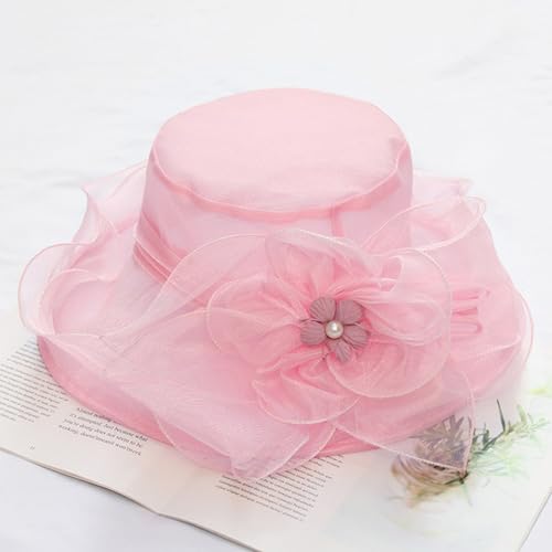 Women Derby Fascinator Hat Organza Church Wedding Hats Wide Brim Cocktail Tea Party Hat - color: 07 Light Pink