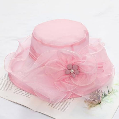 Women Derby Fascinator Hat Organza Church Wedding Hats Wide Brim Cocktail Tea Party Hat - color: 07 Light Pink