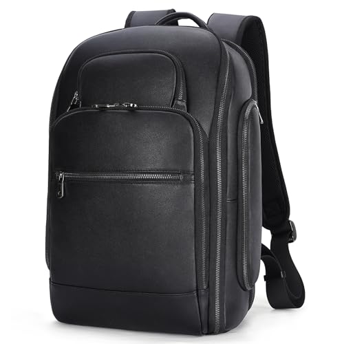 TIDING Genuine Leather Backpack for Men 15.6" Laptop Business Travel Bag | TSA Approved 180° Open, Dual Device Storage, Water-Resistant, Water Bottle Pocket, Luggage Strap, Adjustable Chest Belt - color: Black-for 15.6" Laptop