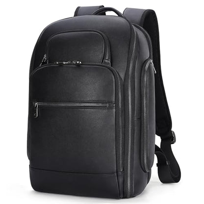 TIDING Genuine Leather Backpack for Men 15.6" Laptop Business Travel Bag | TSA Approved 180° Open, Dual Device Storage, Water-Resistant, Water Bottle Pocket, Luggage Strap, Adjustable Chest Belt - color: Black-for 15.6" Laptop
