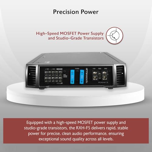 Rockville RXH-F5 3200W 5-Channel Car Amplifier, Dyno-Certified RMS, MOSFET Power Supply, ELNA Capacitors, Class-A/B D, Perfect for Car Audio and Subs | Class A/B + D, MOSFET, High-Level Input, Bass Knob, 2-Ohm Stable, Bridgeable, Crossover, Subsonic Filte